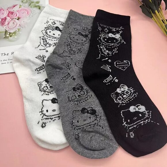SANRIO Hello Kitty Women's Mid-Calf Socks Cute Grey and White Polyester 3 Pack - Picture 1 of 1